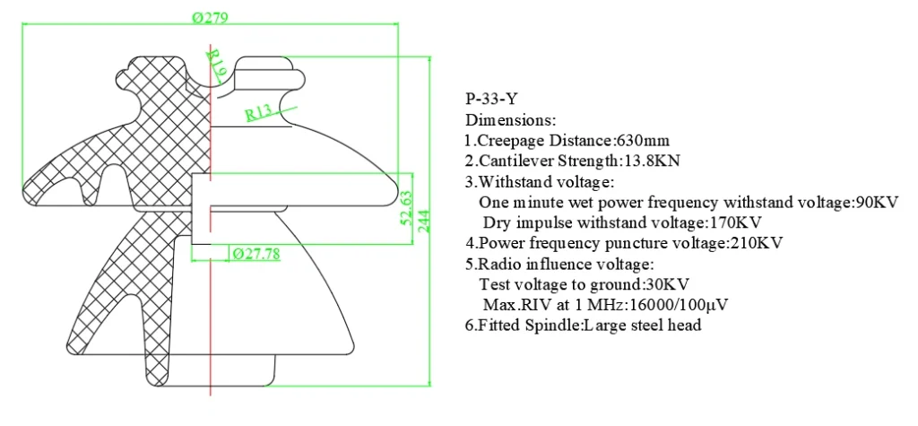 Porcelain Pin Insulator P-33-Y-Dimensions