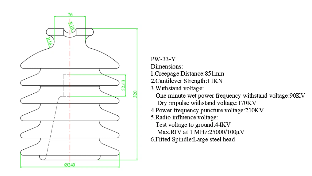 Porcelain Pin Insulator PW-33-Y-Dimensions