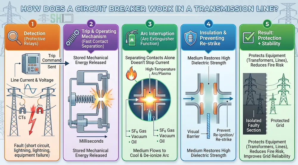 How does a circuit breaker work in transmission line
